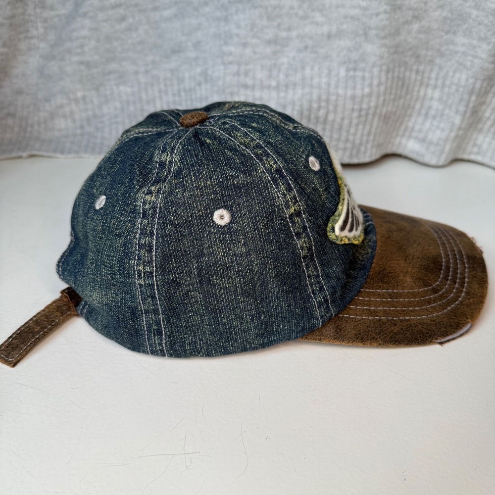 Kbethos Denim Hat Distressed Skull Winged Patch Blue Brown Faux Leather Mens Cap - Picture 4 of 7